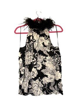 Trina Turk Grand Black & White Floral Top With Ostrich Feather Neckline